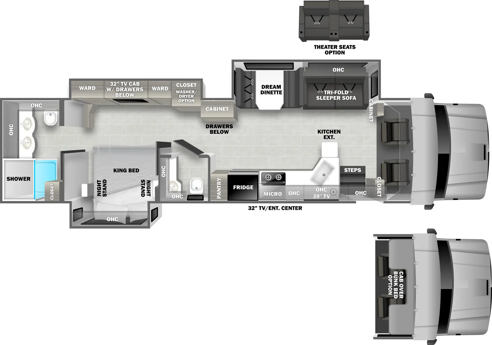 The 3700RB has three slideouts and one entry. Exterior features a TV/entertainment center. Interior layout front to back: cockpit (optional cab over bunk bed); off-door side cabinet, and slideout with tri-fold sleeper sofa (optional theater seating), overhead cabinet, and dream dinette; door side closet, entry, overhead cabinet, kitchen counter with extension, sink, TV, microwave, cooktop, refrigerator, and pantry; off-door side cabinet with drawers below, and slideout with closet with washer/dryer option, and wardrobes with TV and drawers below; door side full bathroom with overhead cabinet; door side king bed slideout with overhead cabinet and night stands on each side; rear full bathroom with dual sinks, closet, and overhead cabinets.